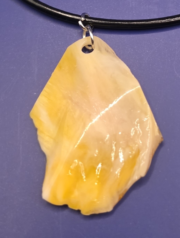 geel/wit/gouden hanger aan zwartleren ketting  1:9