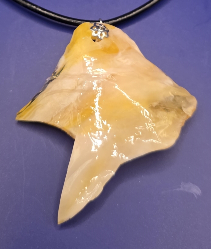 Hanger van geel/wit/gouden epoxy aan zwartleren ketting 6:9