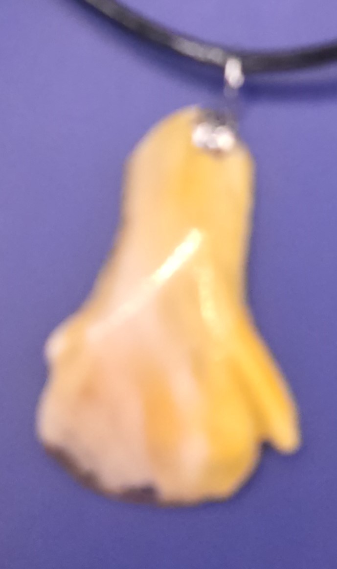 hanger van  geel/wit/gouden epoxy aan zwartleren ketting 8:9